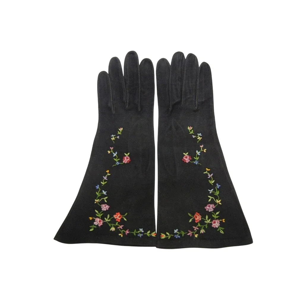 Gant Jay Vtg Black Gauntlet Gloves Floral Embroidered Mid Century 1950s Sz 6.5